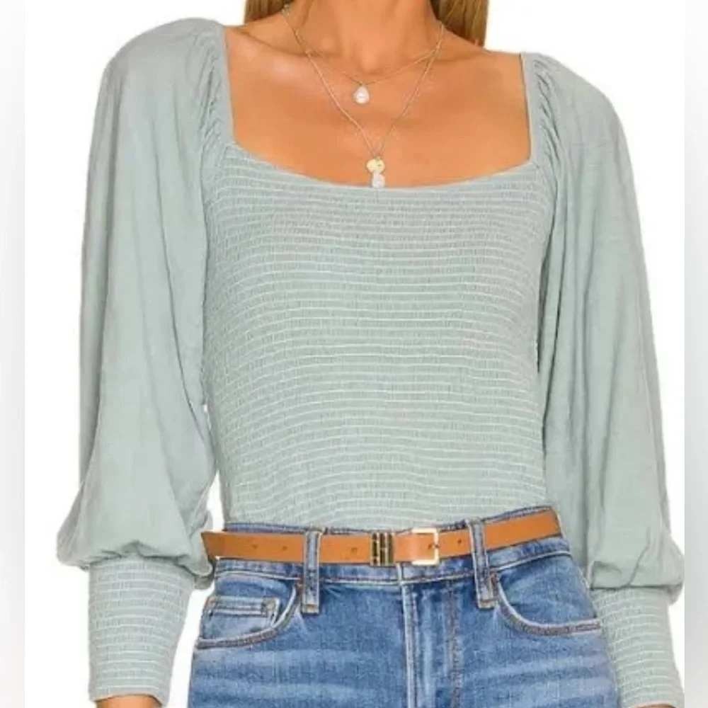 Nation LTD Iona Smocked Renaissance Dusty Blue Pima Cotton Puff Sleeve Blouse S